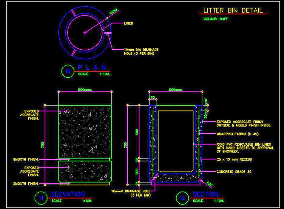 Outdoor Trash Bin CAD Block - Design Details